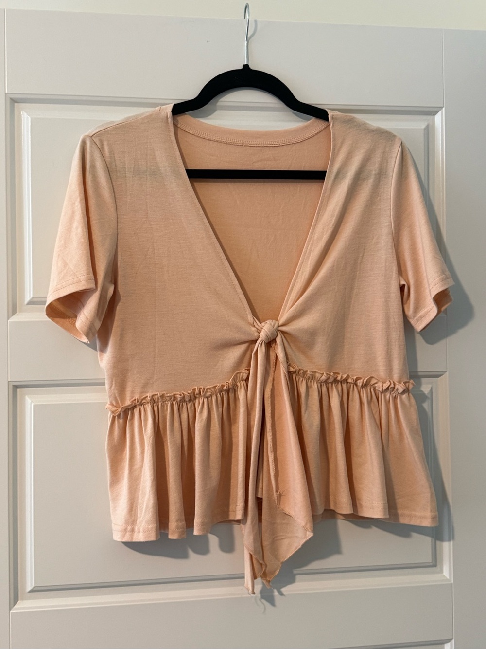 Peach Pink Tie-Front Short Sleeve Women's Top